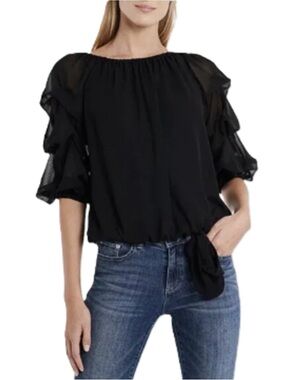 CeCe Black Opt. Off Shoulder Chiffon Puff 3/4 Sleeve Bow Blouse Top S